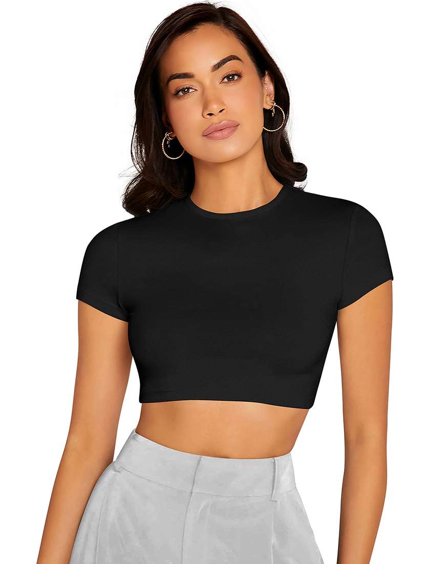women solid short sleeve crop top