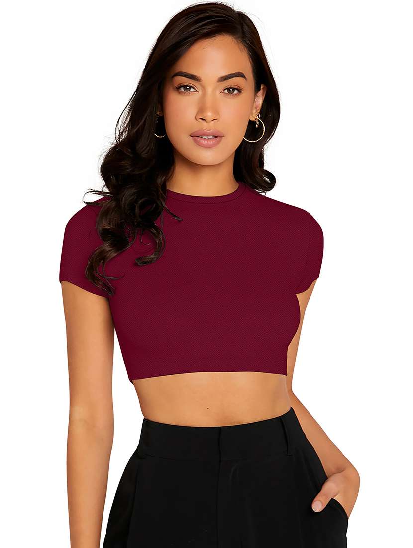 women solid short sleeve crop top