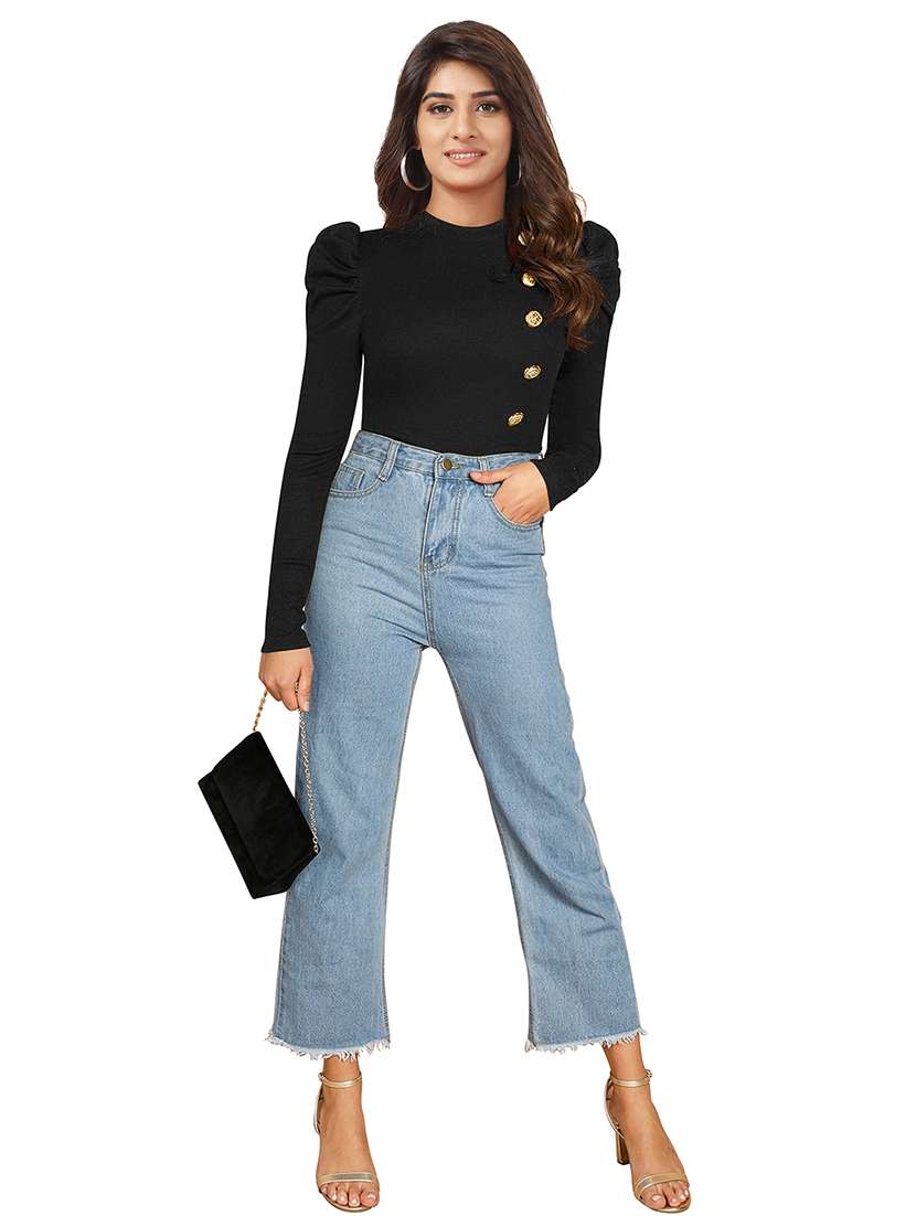 women solid puff sleeve straight top - 22254557 -  Standard Image - 3