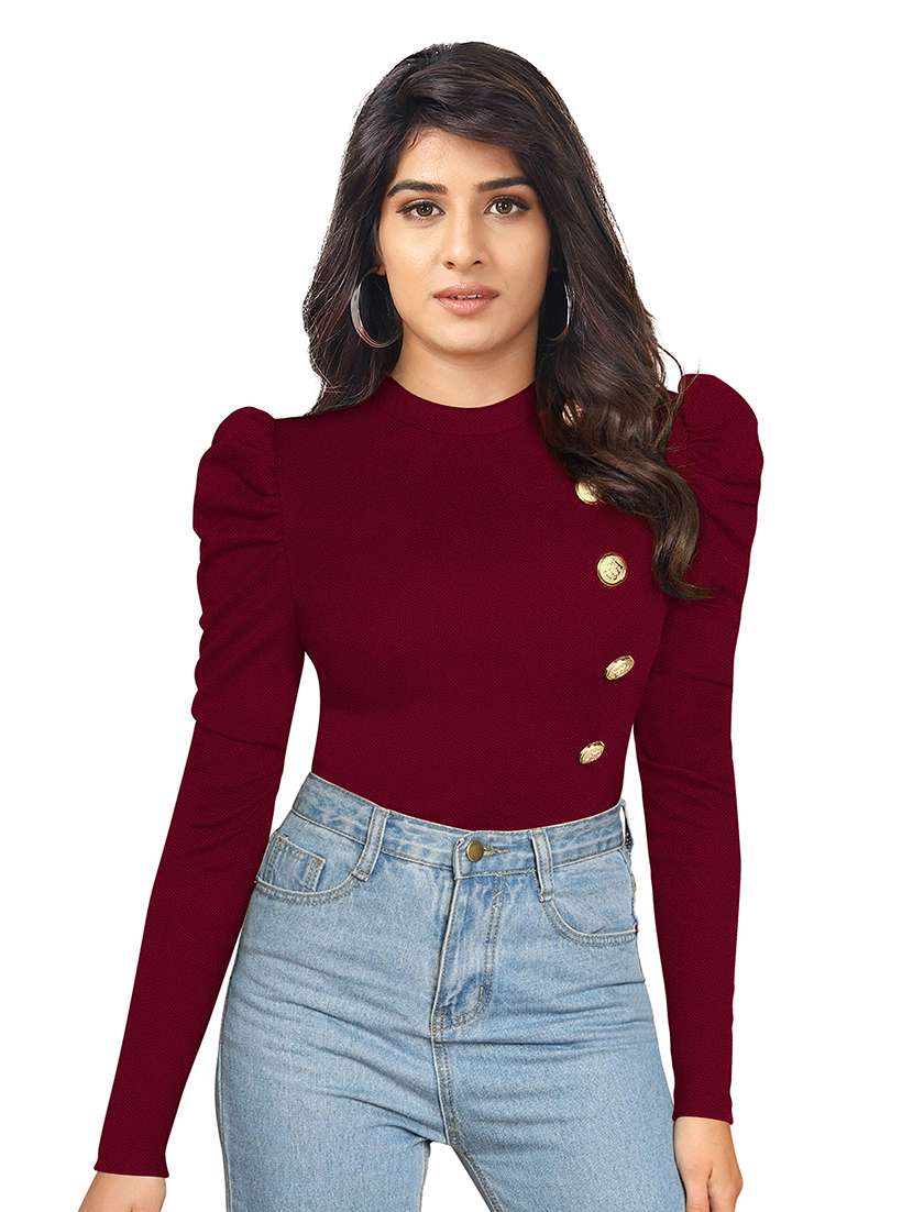 women solid puff sleeve straight top