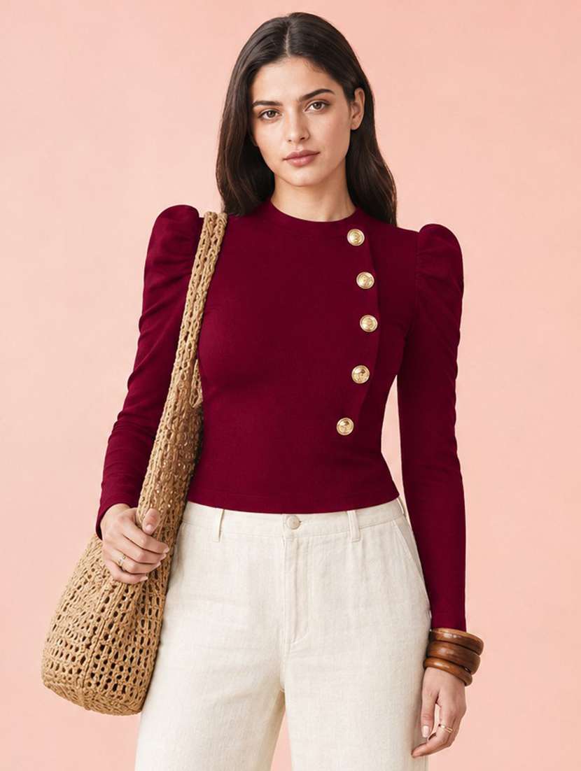 women solid puff sleeve straight top