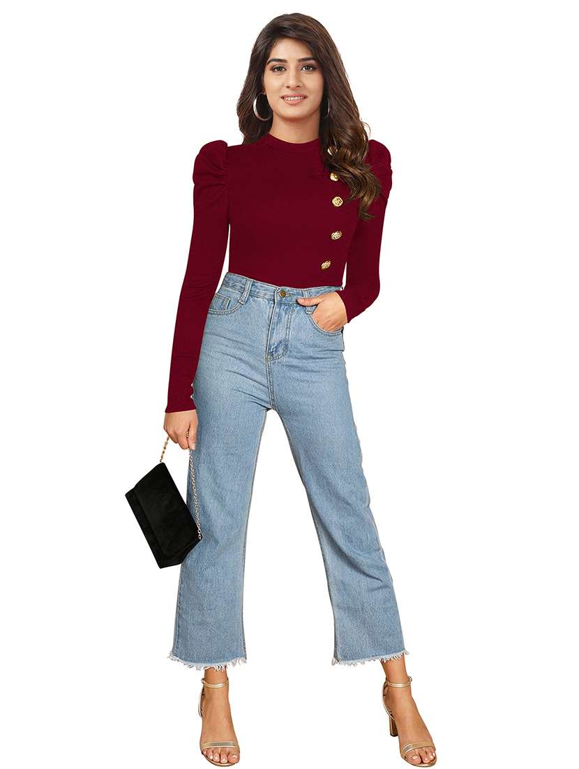 women solid puff sleeve straight top - 22254558 -  Standard Image - 3