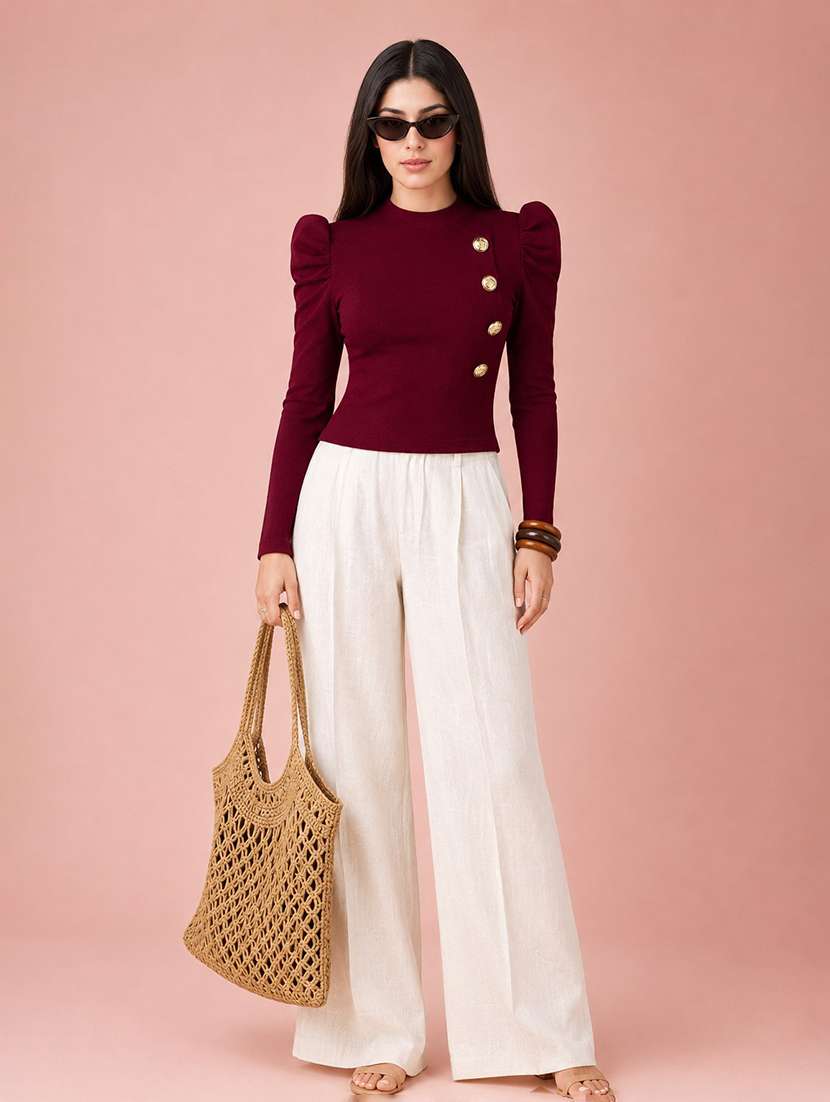 women solid puff sleeve straight top - 22254558 -  Standard Image - 3