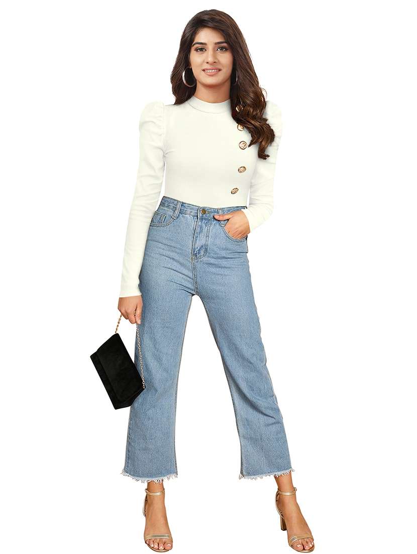 women solid puff sleeve straight top - 22254559 -  Standard Image - 3