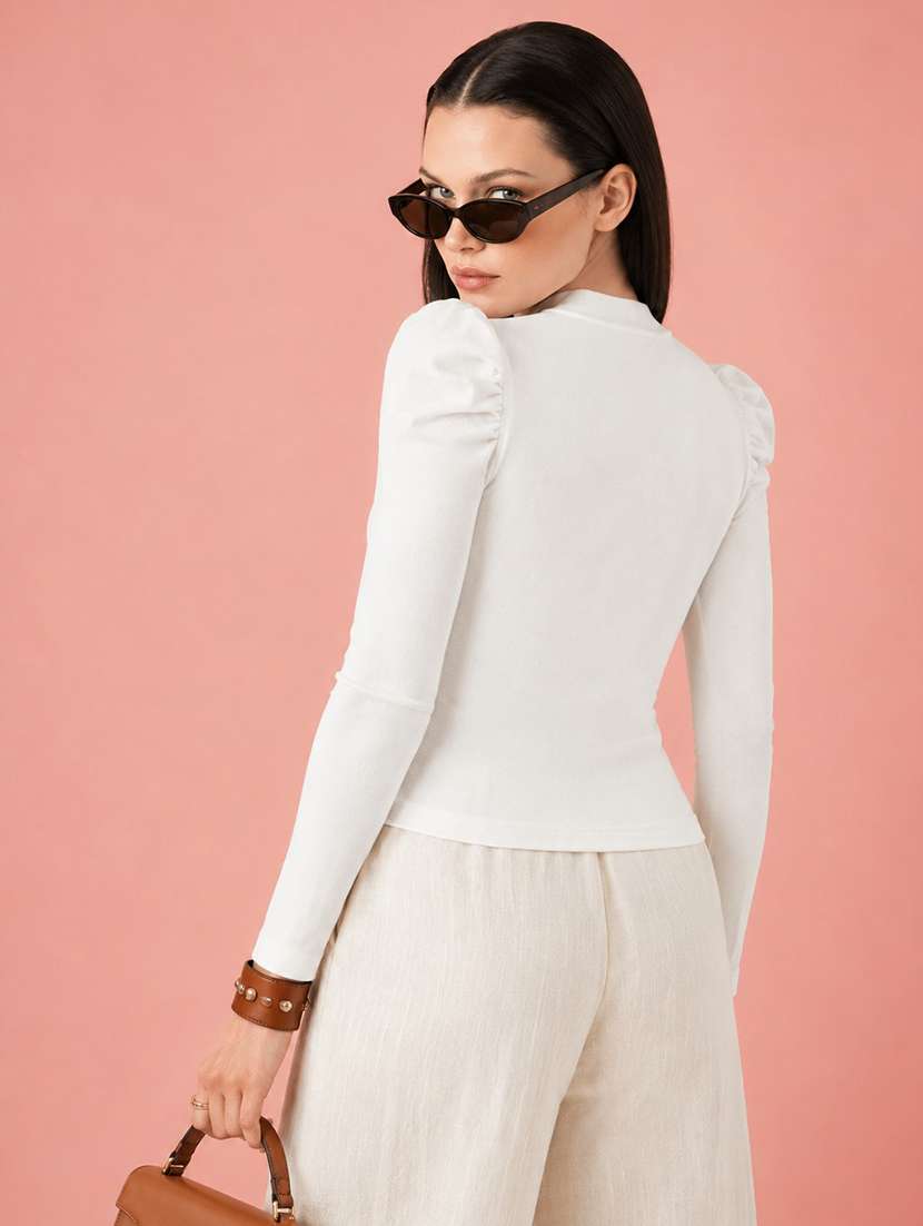 women solid puff sleeve straight top - 22254559 -  Standard Image - 3