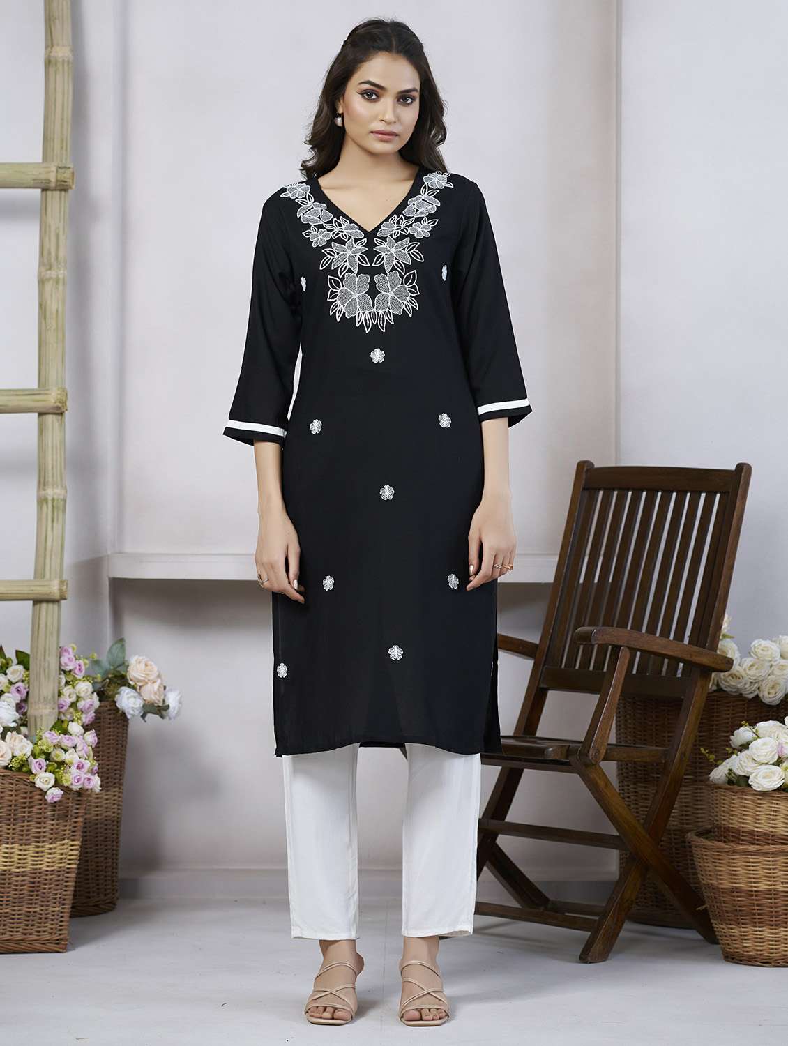 women solid with work three quarter sleeve straight kurta