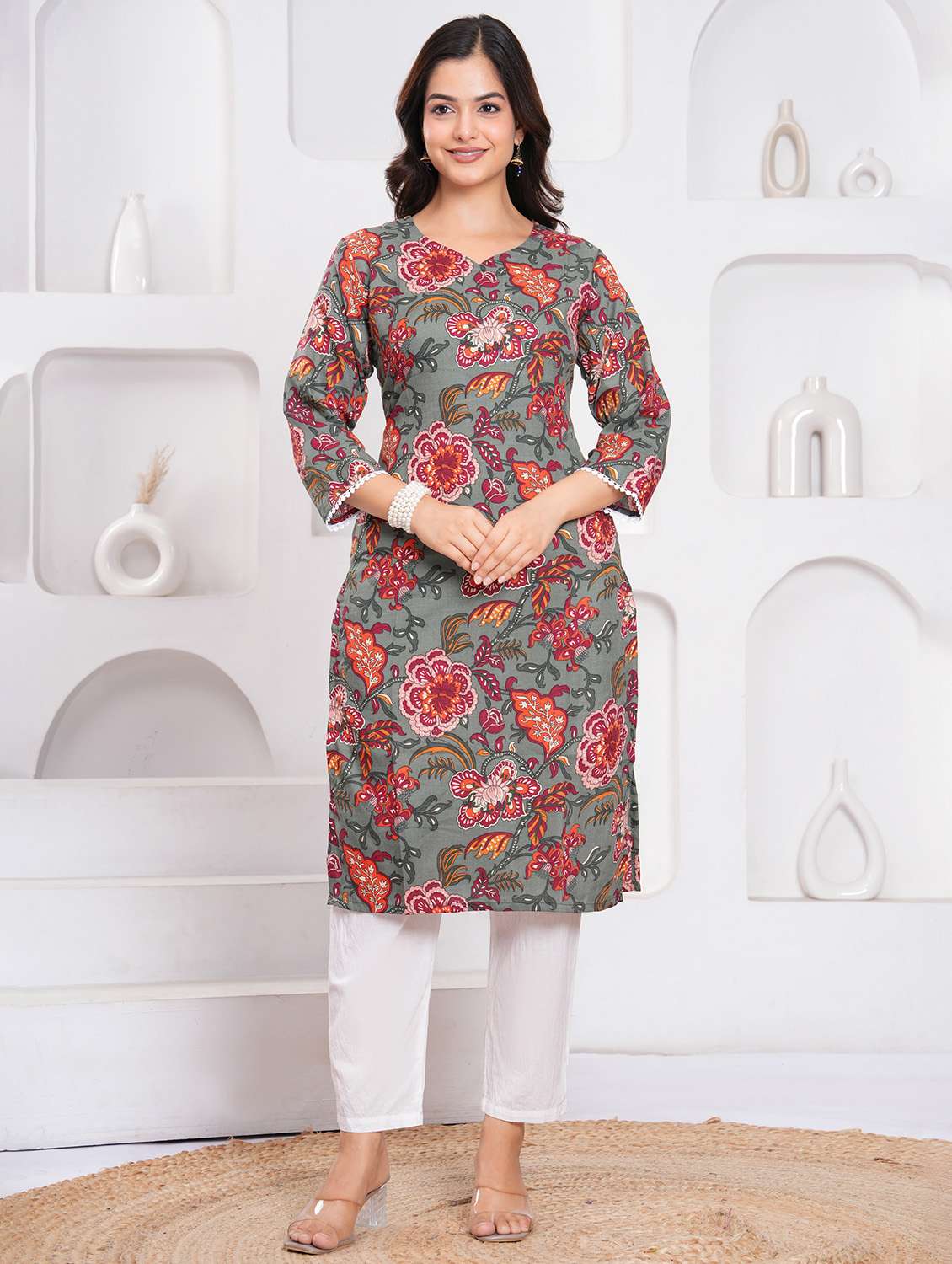 women floral three quarter sleeve straight kurta