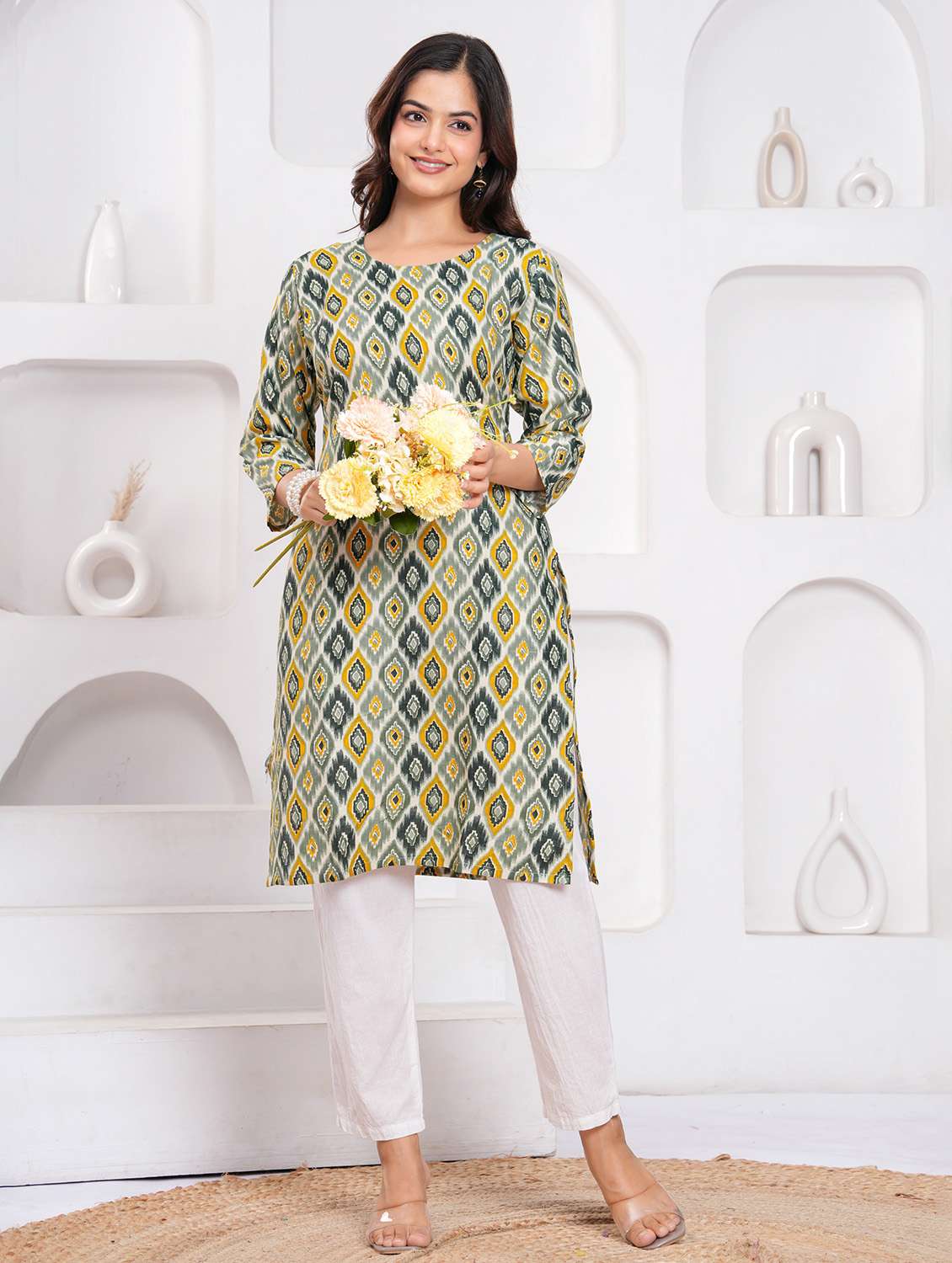 women printed three quarter sleeve straight kurta