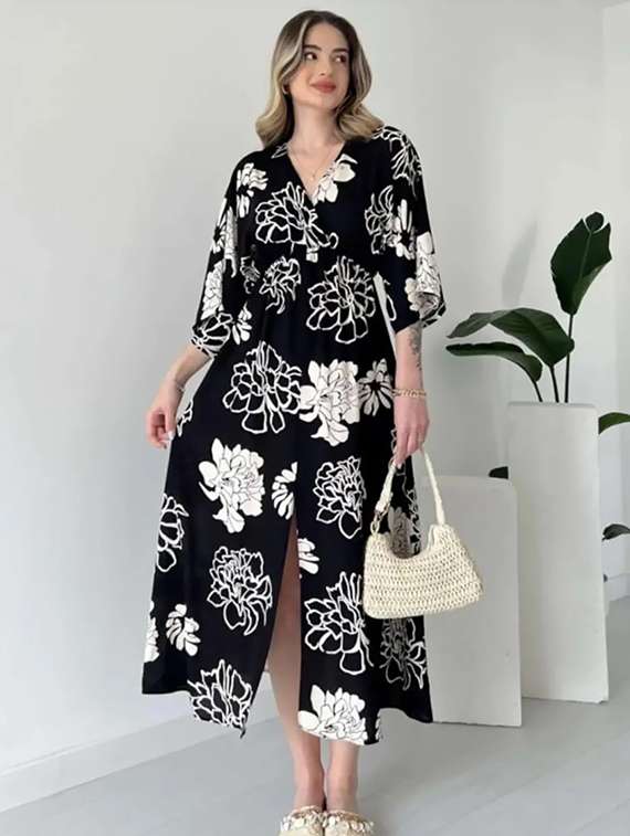 women floral print three quarter sleeve fit & flare dress