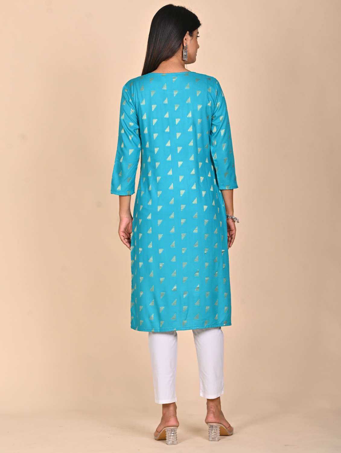 women foil printed three quarter sleeve kurta pant set - 22254861 -  Standard Image - 3