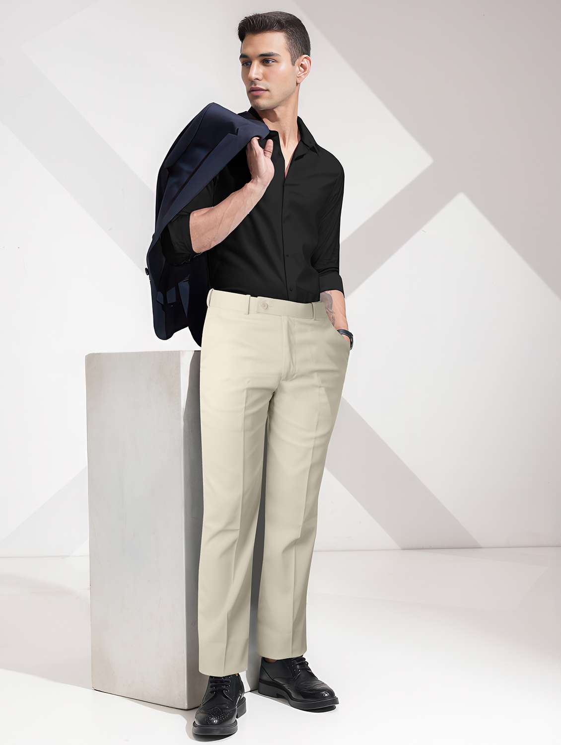 men solid mid rise straight formal trouser - 22254890 -  Standard Image - 3