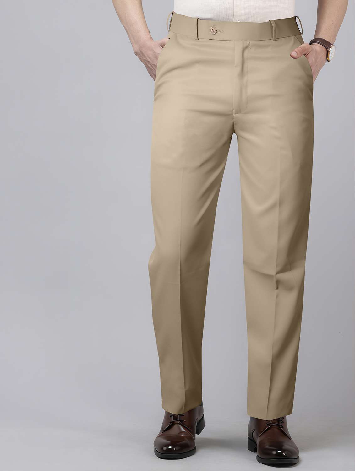 men solid mid rise straight formal trouser