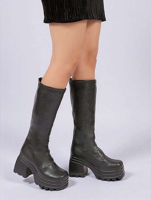 women solid block heel knee length boots - 22255004 -  Standard Image - 0