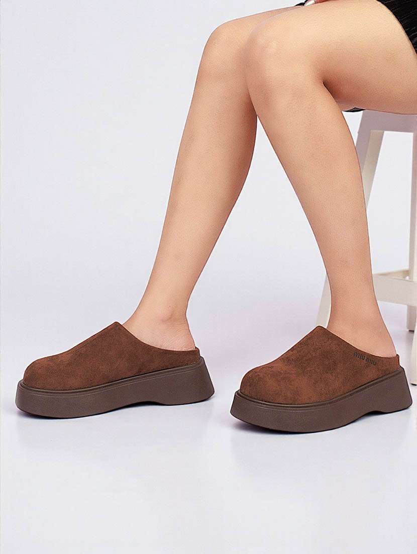 women solid slip on suede sandal