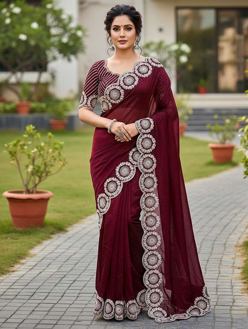 women solid with embroidered bordered saree with blouse