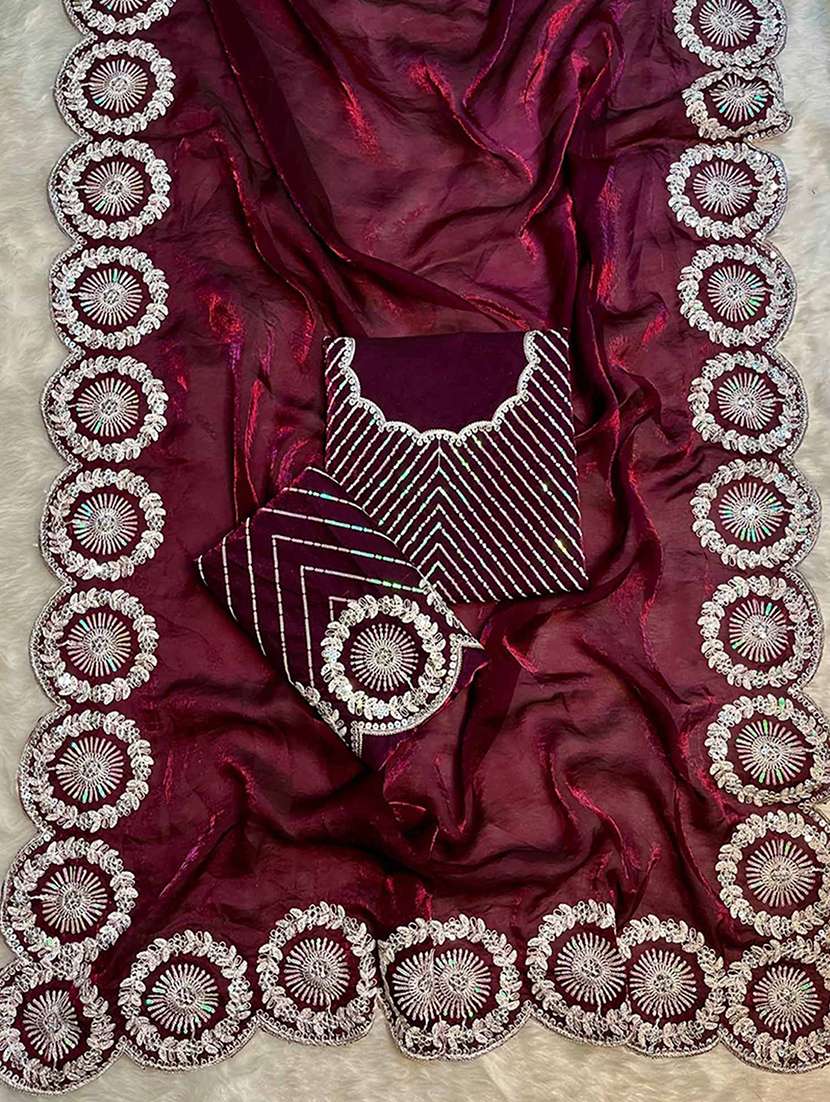 women solid with embroidered bordered saree with blouse - 22255077 -  Standard Image - 3