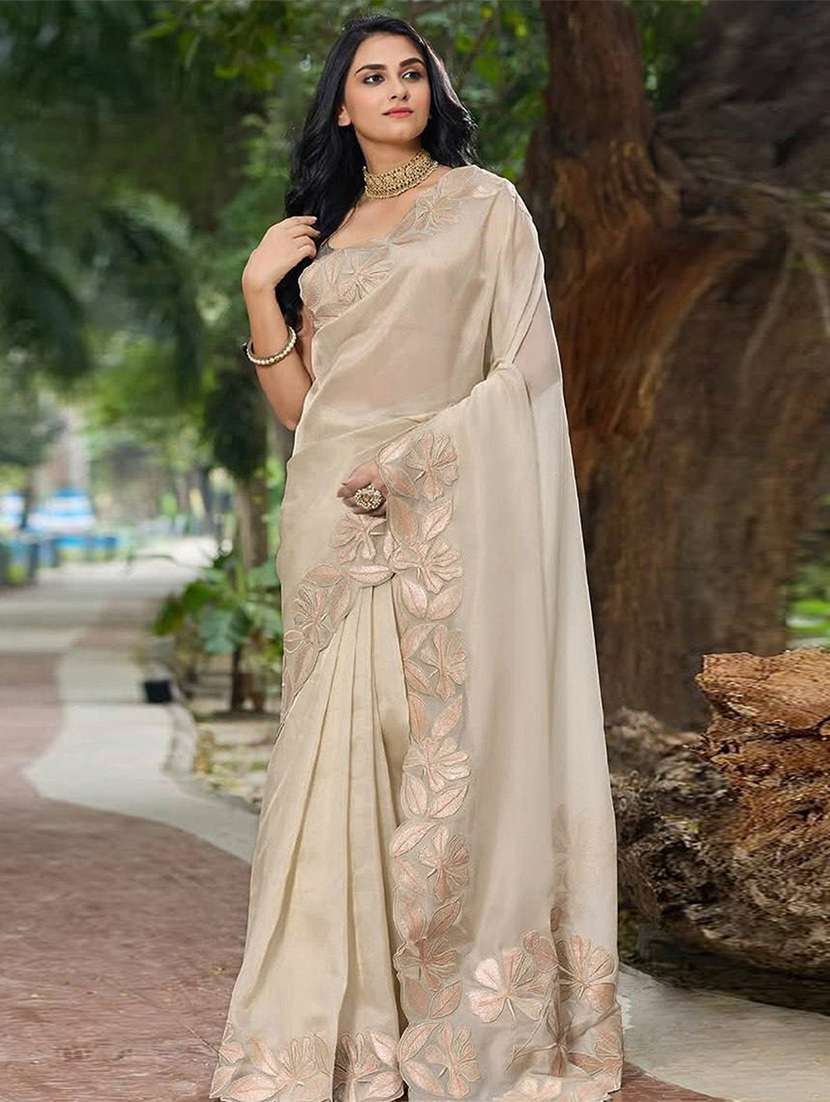 women solid with work embellished saree with blouse