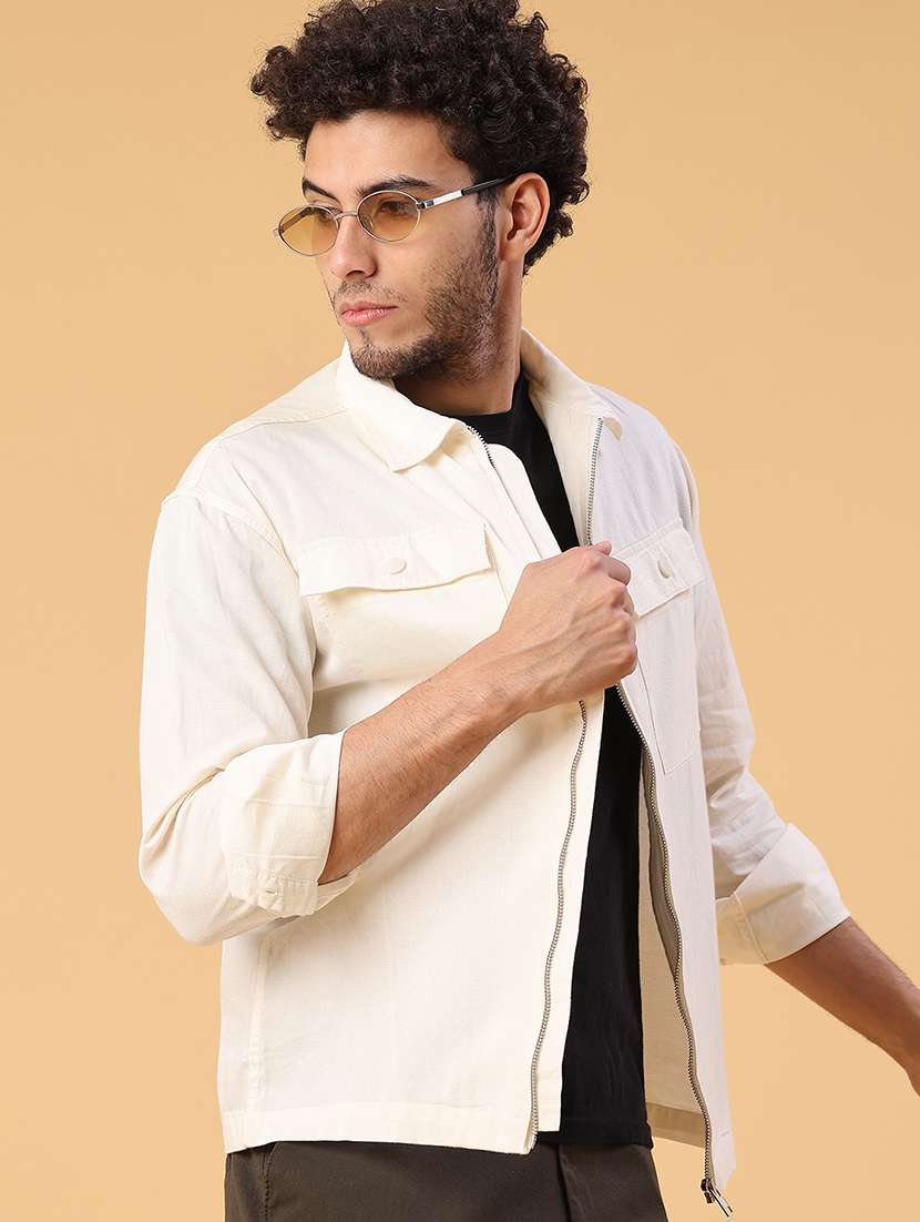 men solid collared long sleeve shacket