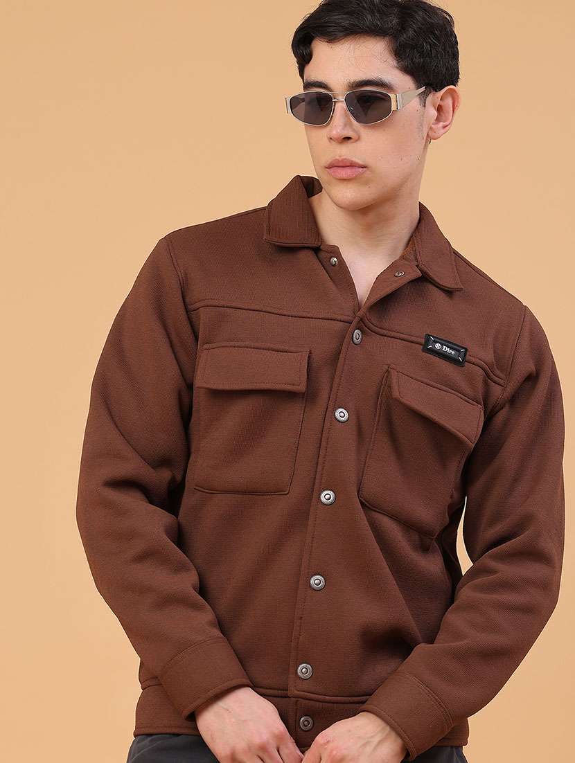men solid collared long sleeve shacket