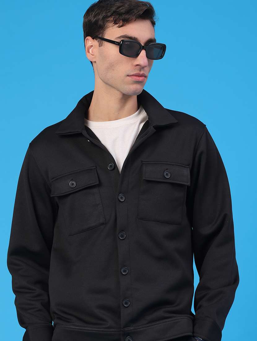 men solid collared long sleeve shacket
