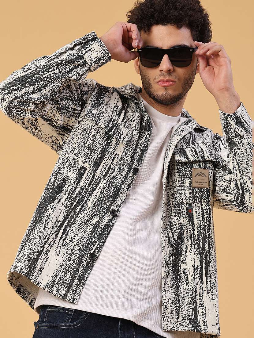 men printed collared long sleeve shacket