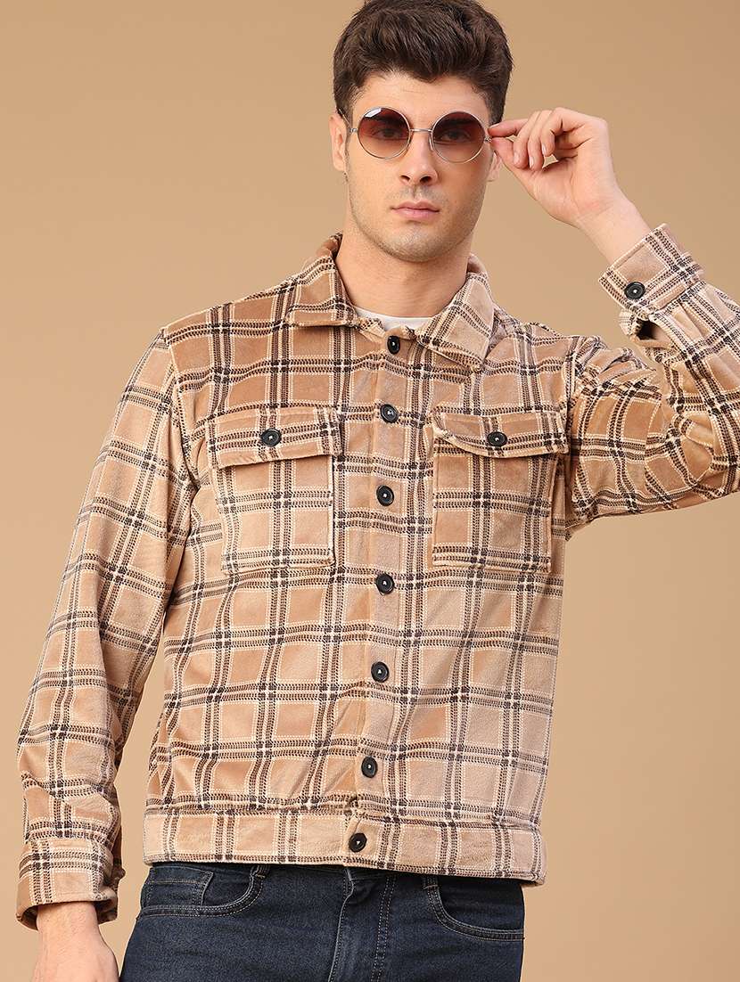 men checkered collared long sleeve shacket