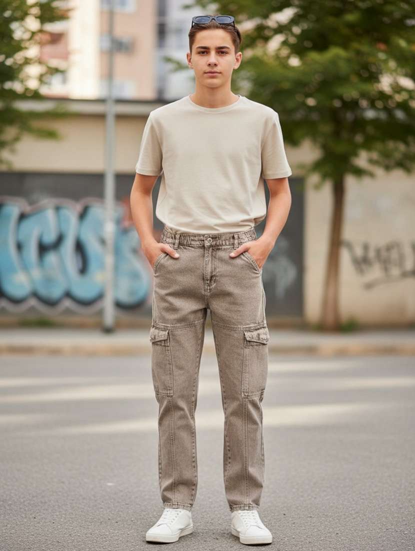 boys washed mid rise regular fir cargo jeans
