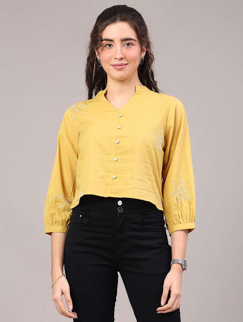 women yellow cotton solid embroidered notch neck top