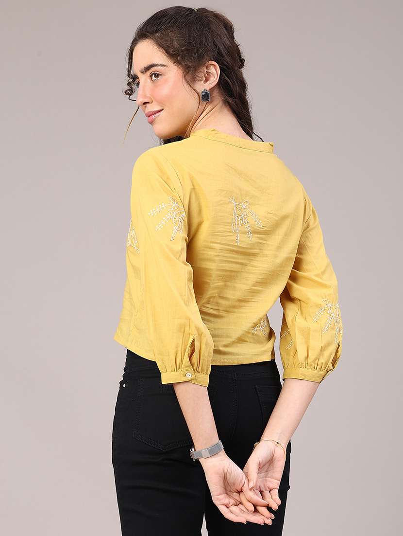 women yellow cotton solid embroidered notch neck top - 22257582 -  Standard Image - 3
