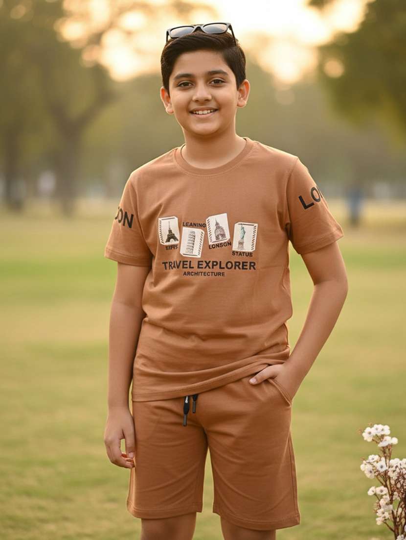 boys printed round neck t-shirt and shorts co-ord set