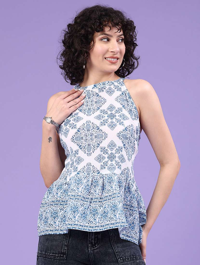 women blue cotton peplum top