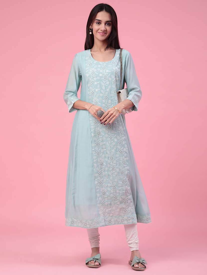 women embroidered three quarter sleeves a-line kurta