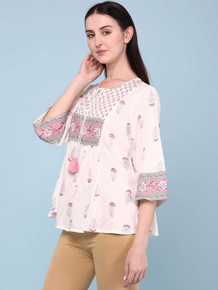 women printed three quarter sleeves a-line top - 22258126 -  Standard Image - 3
