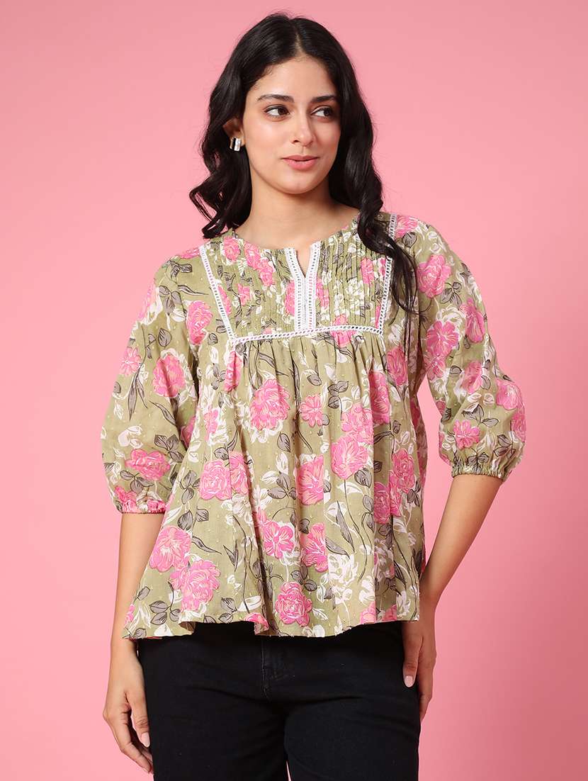 women printed notch neck ethnic top