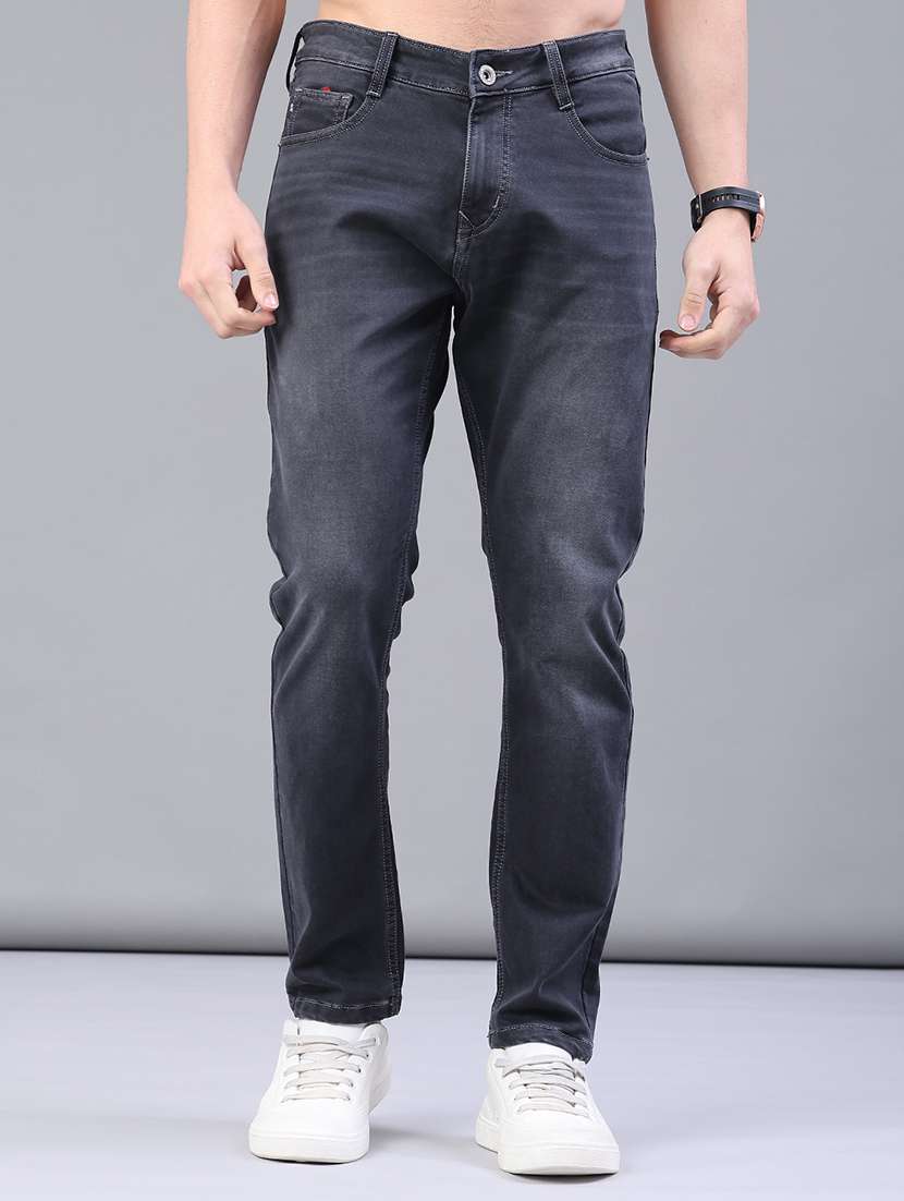 men washed mid rise full length jeans