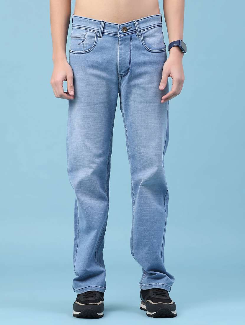 men washed mid rise full length jeans