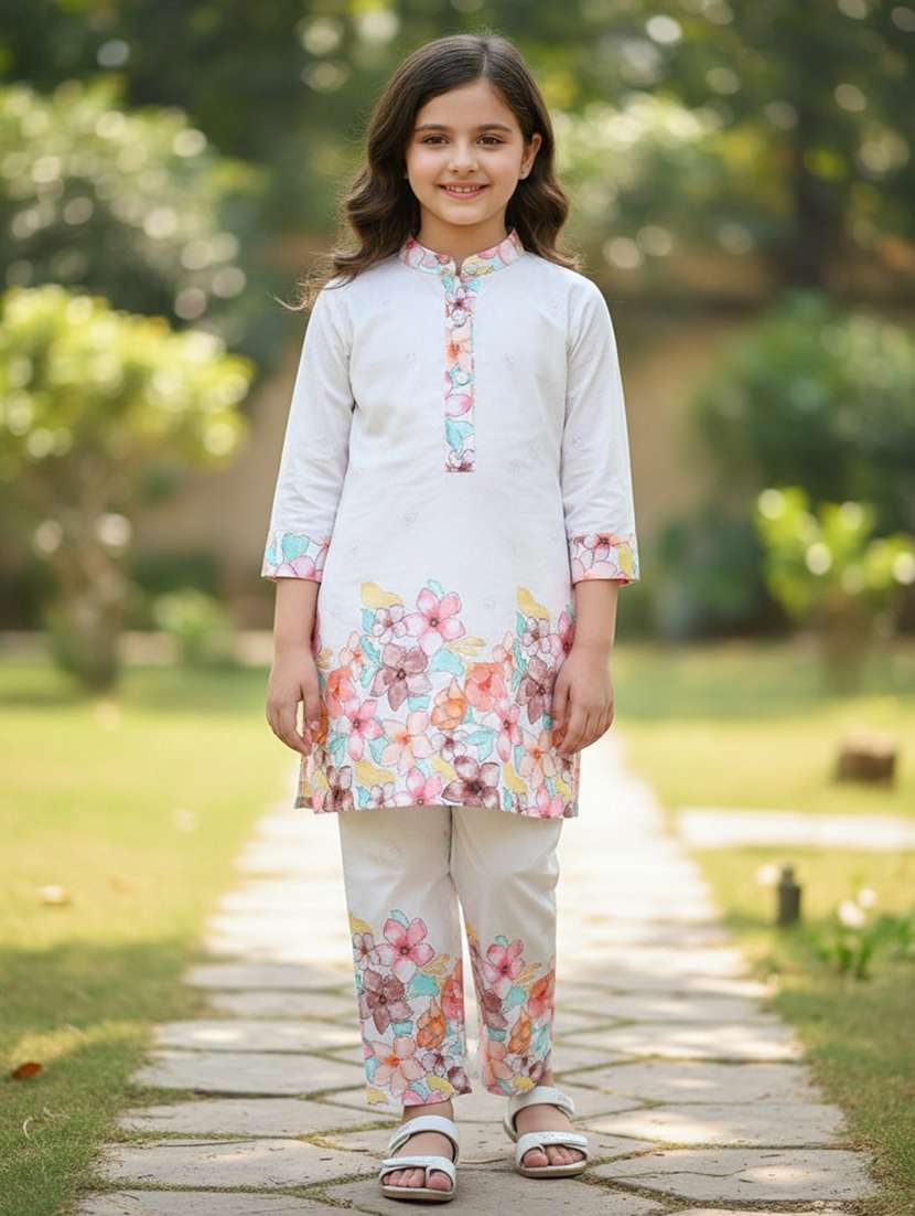 girls floral print three quarter sleeve co-ord set
