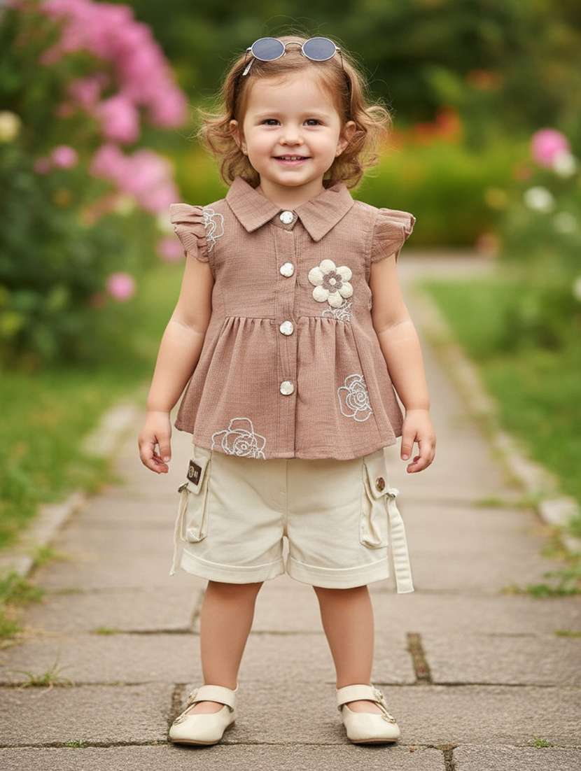 girls solid with work cap sleeve shorts & top set