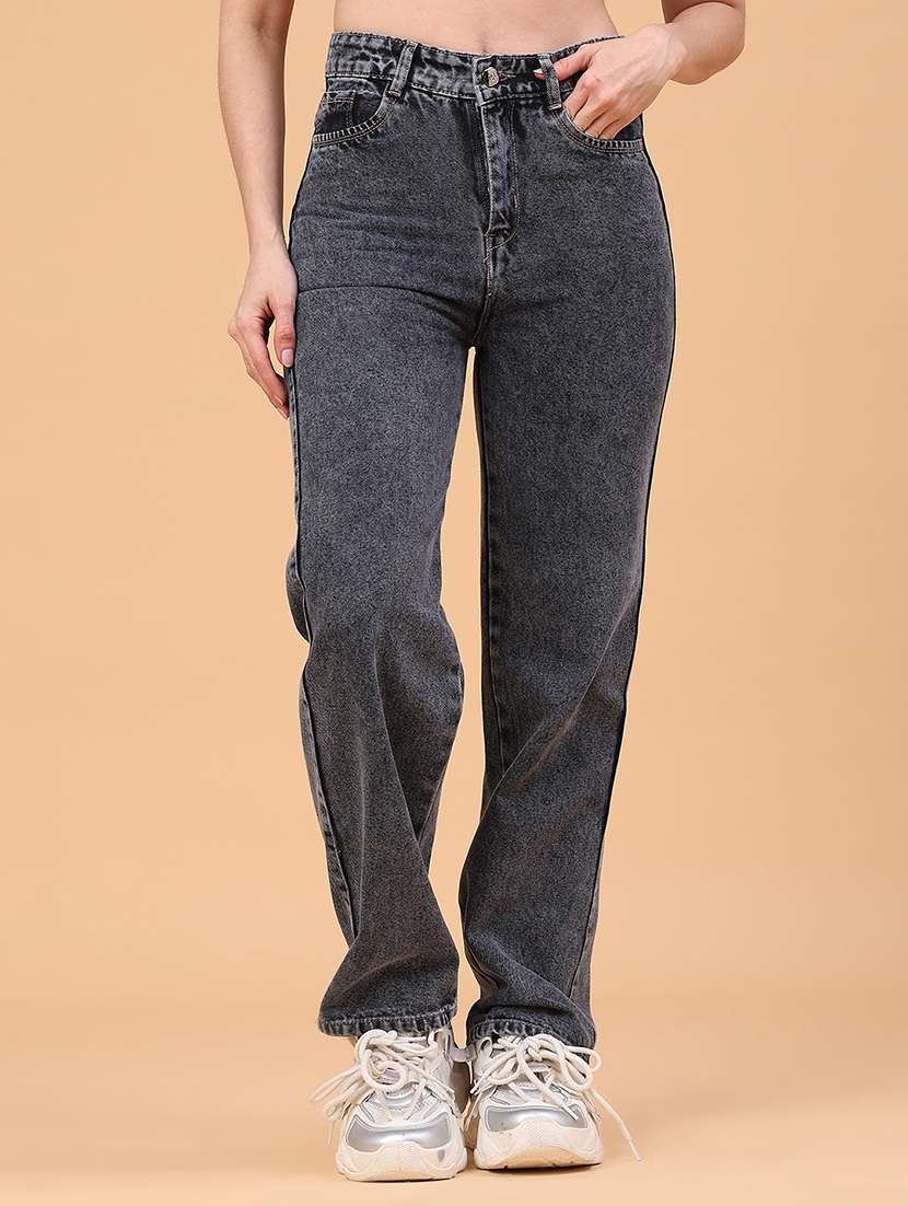 women plain high rise straight fit jeans