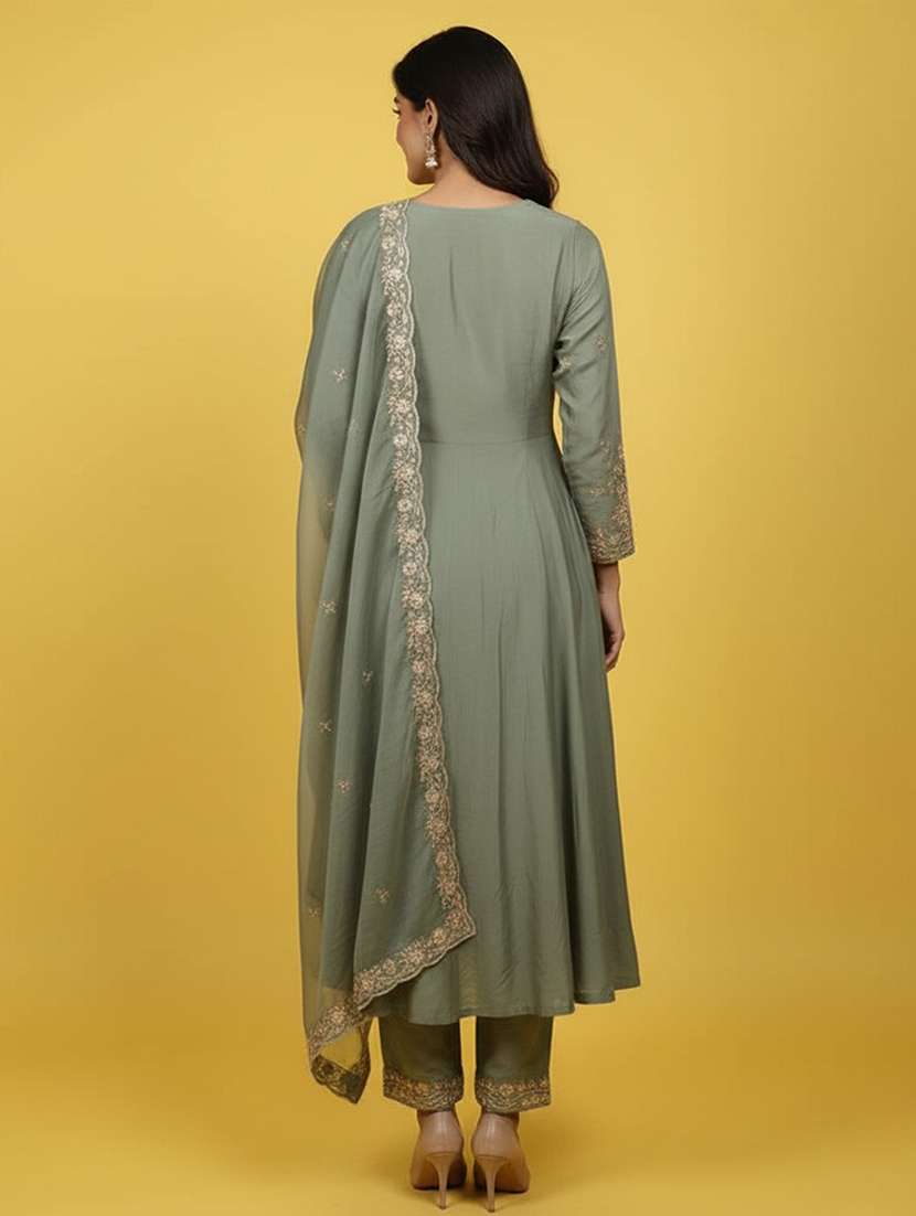 women solid with work three quarter sleeve kurta pant with dupatta set - 22258860 -  Standard Image - 3