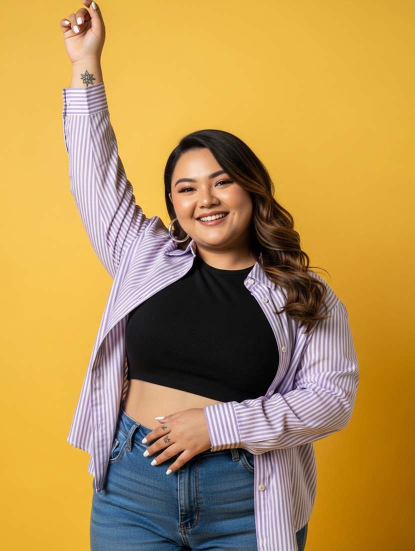 women plus size striped long sleeve collared shirt - 22258887 -  Standard Image - 3