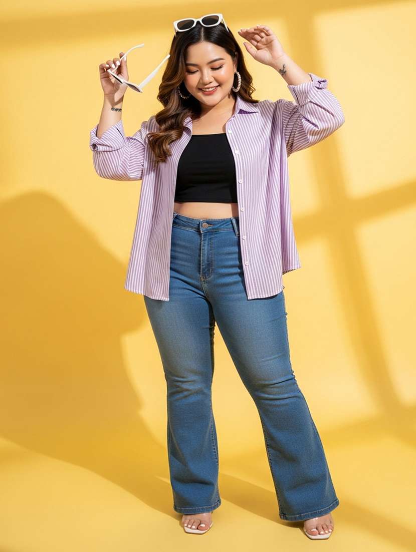 women plus size striped long sleeve collared shirt - 22258887 -  Standard Image - 5