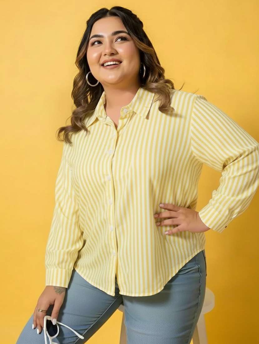 women plus size striped long sleeve collared shirt
