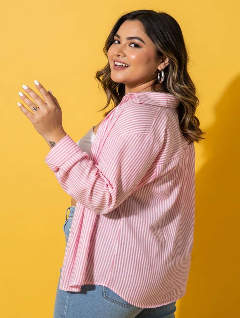 women plus size striped long sleeve collared shirt - 22258889 -  Standard Image - 3