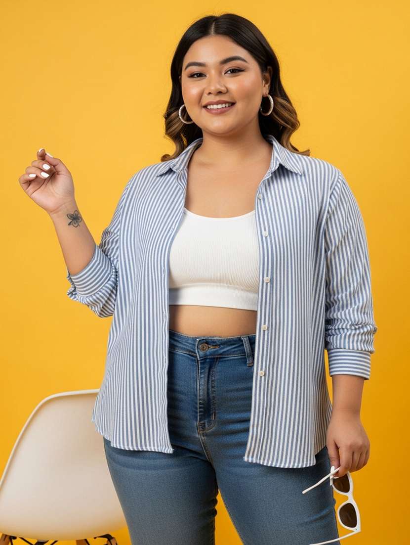 women plus size striped long sleeve collared shirt