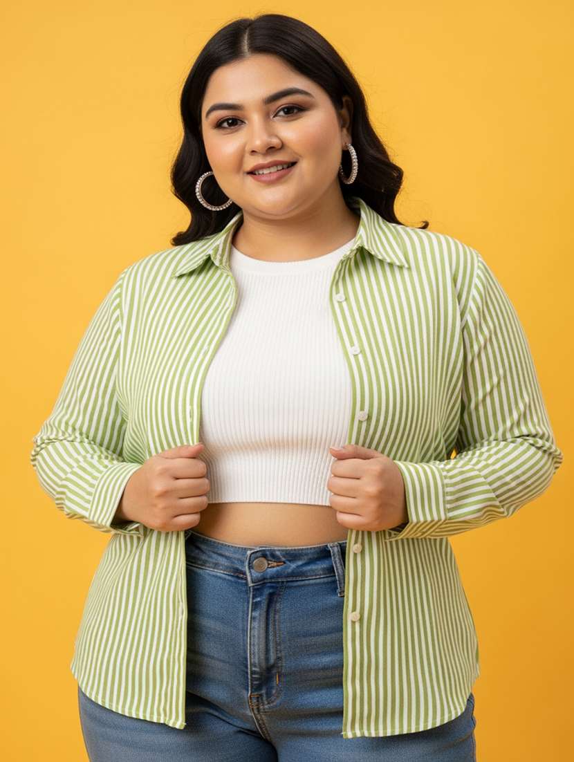 women plus size striped long sleeve collared shirt
