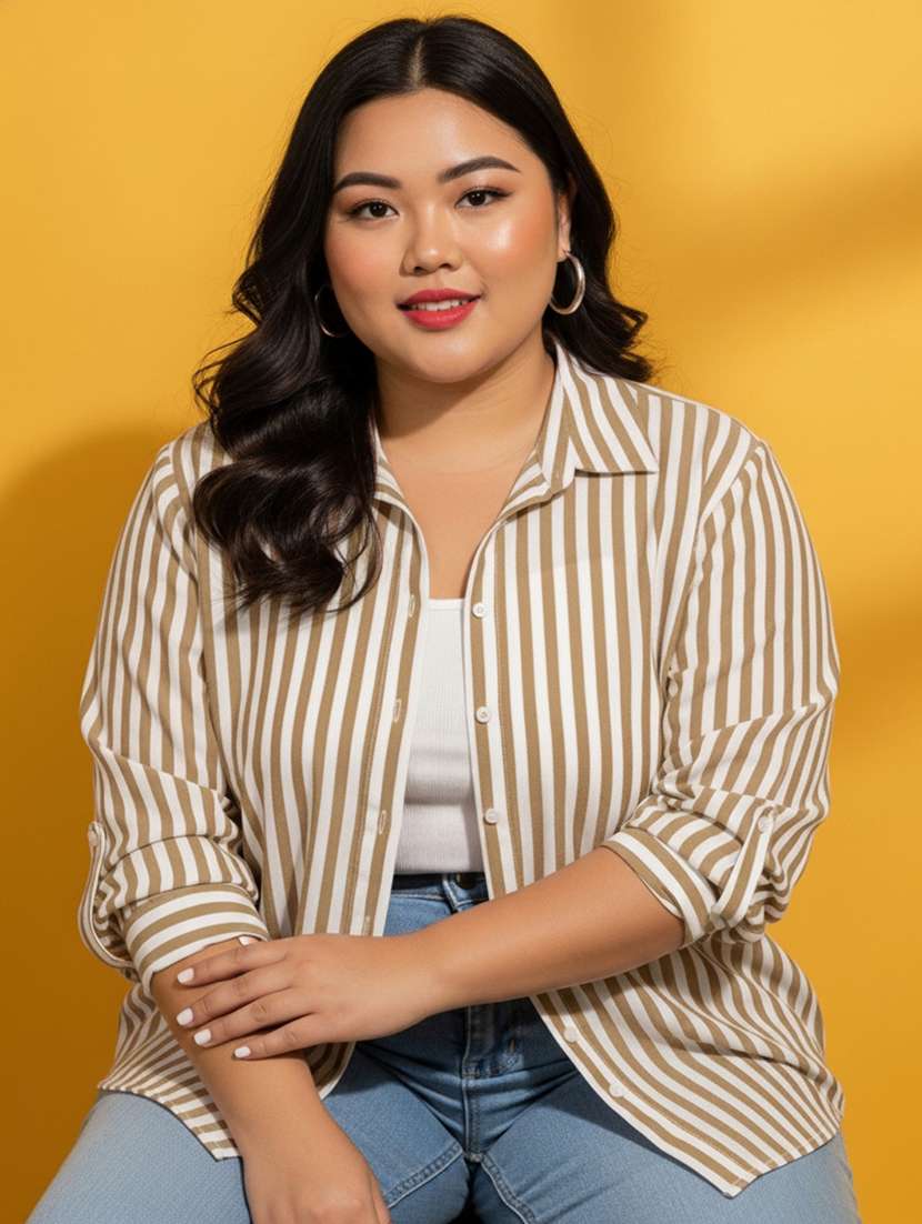women plus size striped long sleeve collared shirt