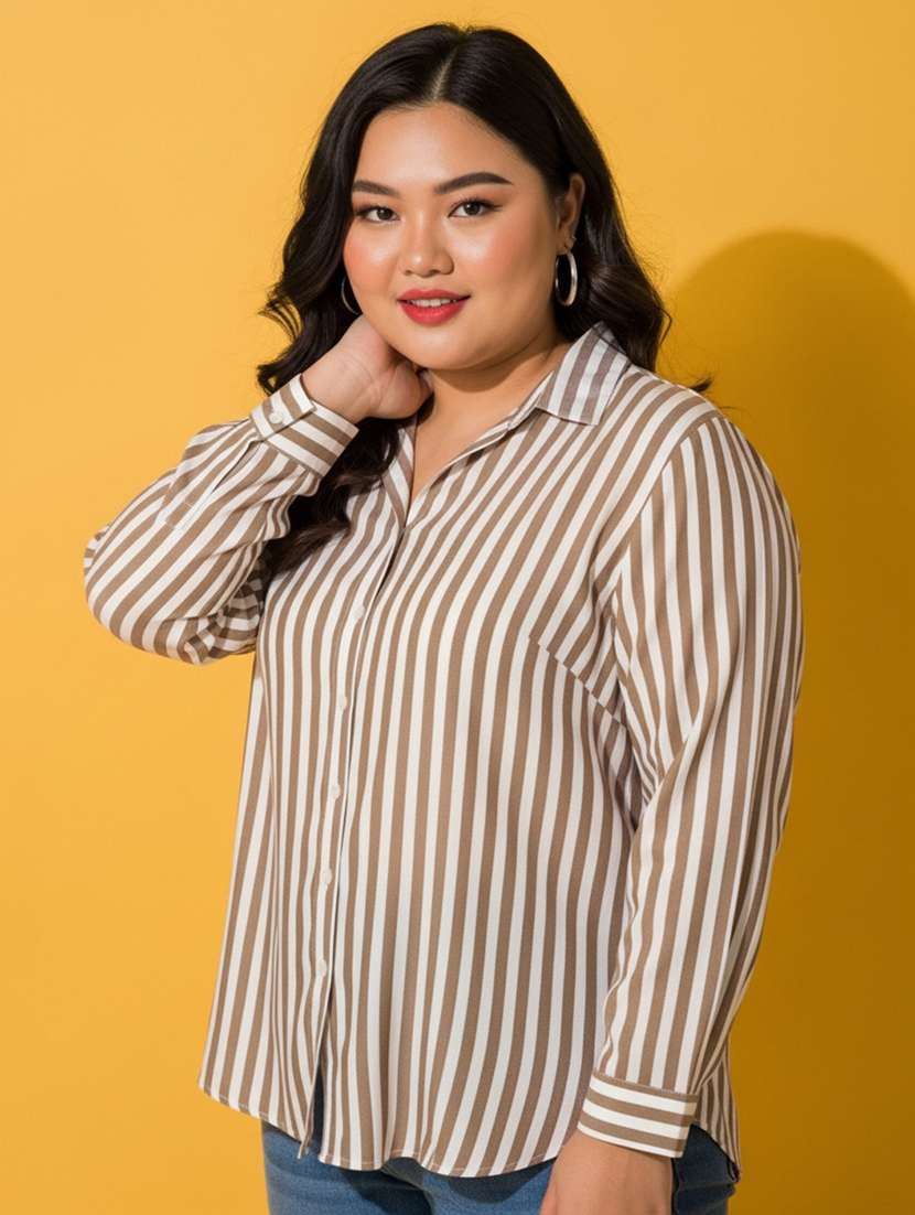 women plus size striped long sleeve collared shirt - 22258892 -  Standard Image - 3