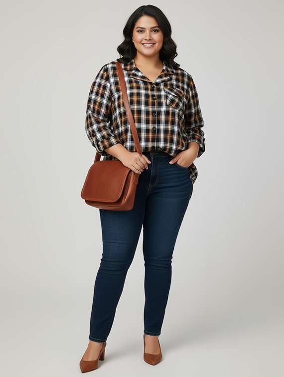 women plus size checkered collared long sleeve shirt