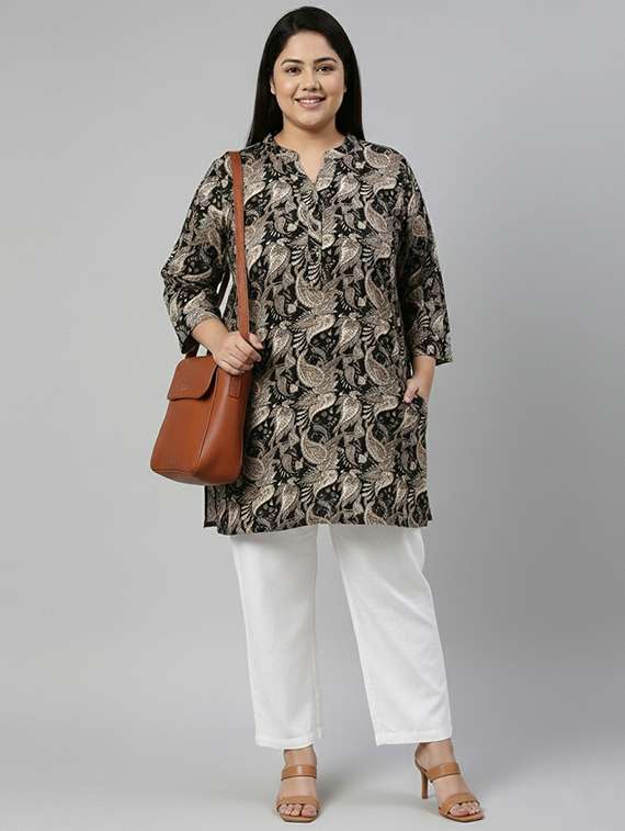 women plus size printed mandarin neck straight kurti